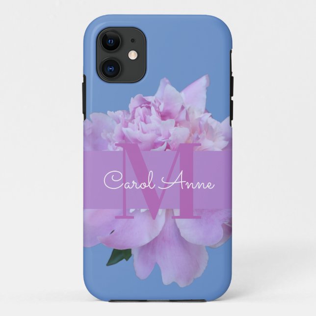 Capa Para iPhone 11 Azul Suave, Flor Rosa, Monograma (Verso)