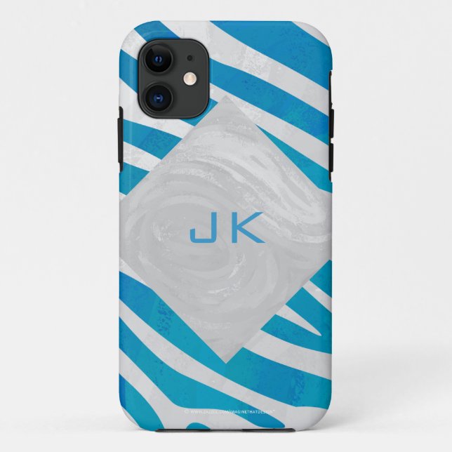 Capa Para iPhone 11 Azul Zebra e Branco com Monograma (Verso)