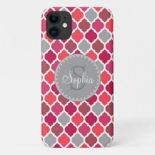 Capa Para iPhone 11 Azulejo marroquino Padrão Monograma Cinza Cor-de-r