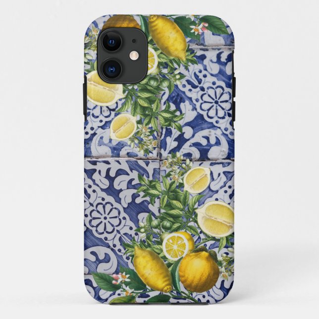 Capa Para iPhone 11 Azulejos de Verão de Portugal com limões mediterrâ (Verso)