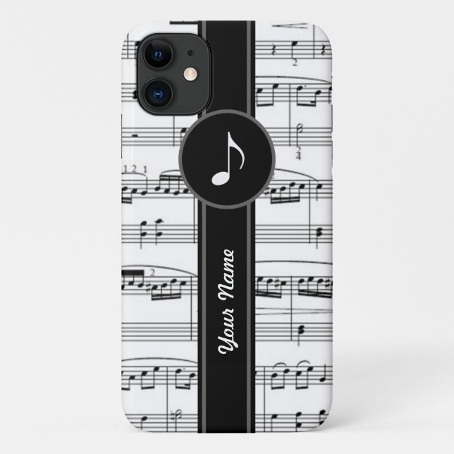 Capa Para iPhone 11 b&w notas de música personalizáveis (Verso)