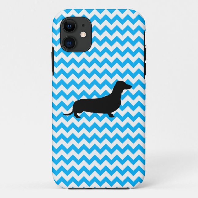 Capa Para iPhone 11 Baby Blue Chevron com Dachshund Case-Mate iPhone  (Verso)