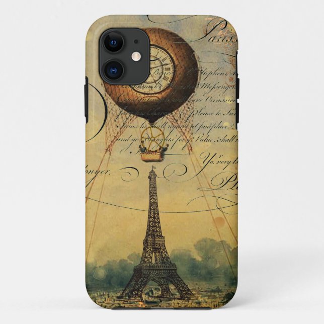 Capa Para iPhone 11 Balão de ar quente da Torre Eiffel Steampunk (Verso)