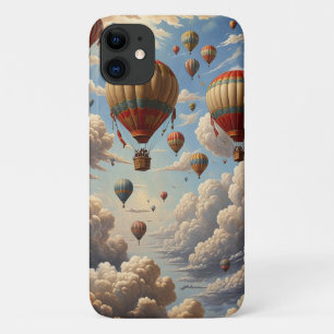 Capa Para iPhone 11 Balões de Ar Quente Nuvens de Céu Azul Vintage