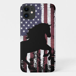 Capa Para iPhone 11 Bandeira Americana Patriótica e Cavalo Silhueta