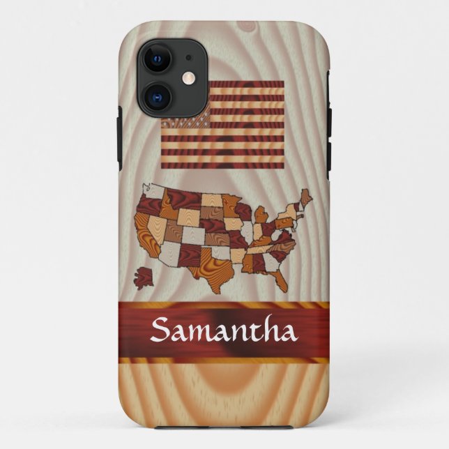 Capa Para iPhone 11 Bandeira e mapa americanos de madeira (Verso)