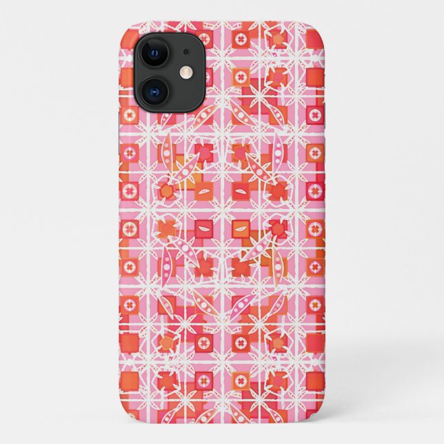 Capa Para iPhone 11 Batik Tribal - morango rosa e vermelho (Verso)