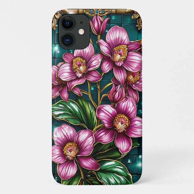 Capa Para iPhone 11 Belas Flores Violeta emolduradas em Ouro (Verso)