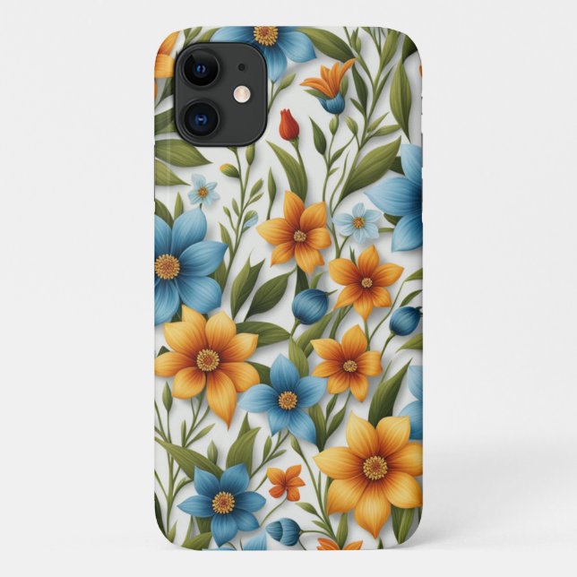 Capa Para iPhone 11 Belo Buquê de Flores Primaveras Azuis e Laranja (Verso)