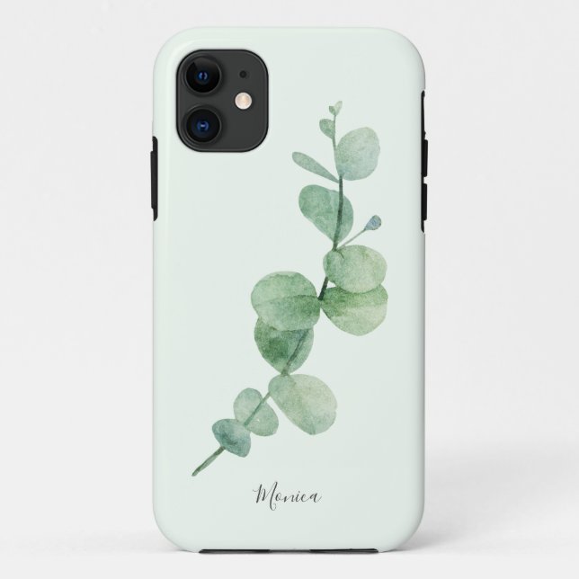 Capa Para iPhone 11 Belo eucalipto, mínimo verde, nome personalizado (Verso)