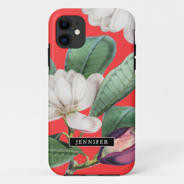 Capa Para iPhone 11 Belo Magnolia Blossomo Botânico com Nome (Verso)