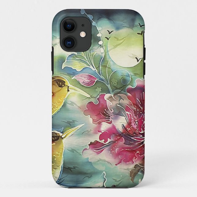 Capa Para iPhone 11 Belos Beija-flores à Noite Arte de Seda (Verso)