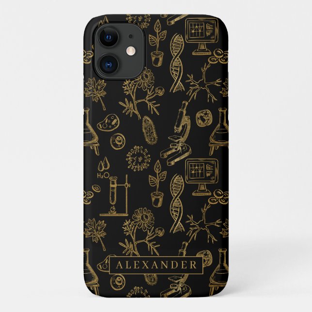 Capa Para iPhone 11 Biologia científica Monograma Dourado de Padrões (Verso)