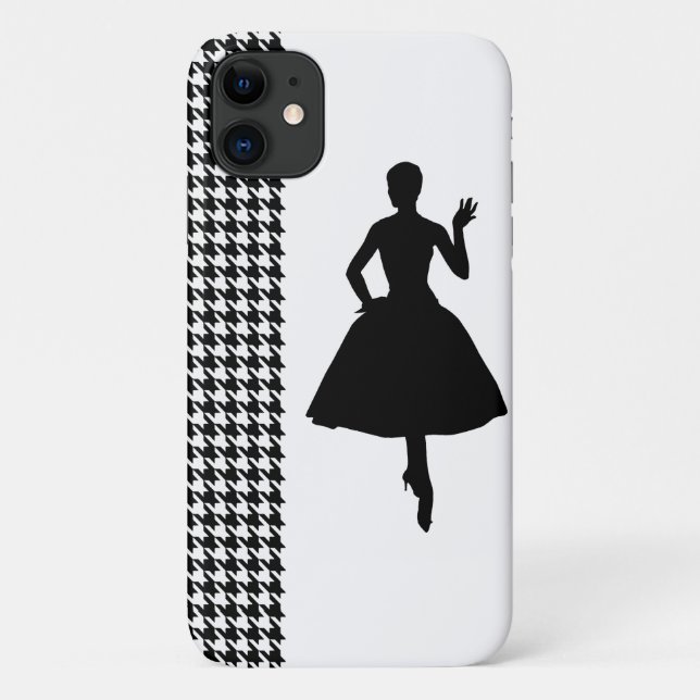 Capa Para iPhone 11 Black Modern Houndstooth com Fashion Silhouette (Verso)