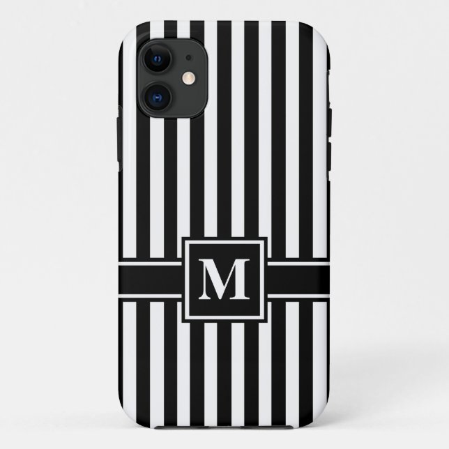 Capa Para iPhone 11 Black Modern Stripe com Monograma (Verso)
