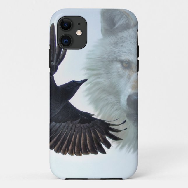 Capa Para iPhone 11 Black Raven & White Wolf Wildlife Fantasy (Verso)