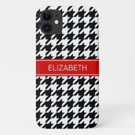 Capa Para iPhone 11 Black Whoundstooth #2 Red Name Monograma