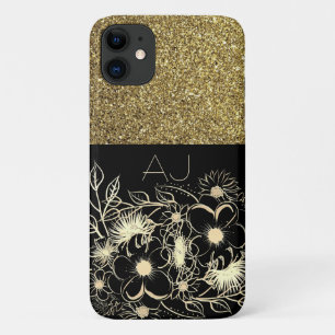 Capa Para iPhone 11 Bling Bling Ouro Brilho Flores Pretas Luxo