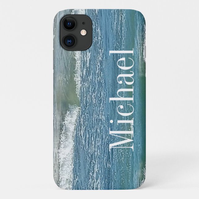 Capa Para iPhone 11 Blue Atlantic Ocean Shore Simple Impressão Name (Verso)