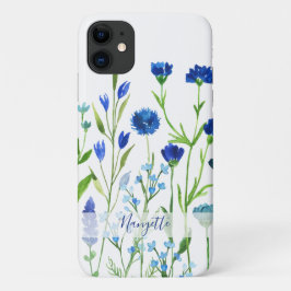 Capa Para iPhone 11 Blue Watercolor Flores Selvagens com nome