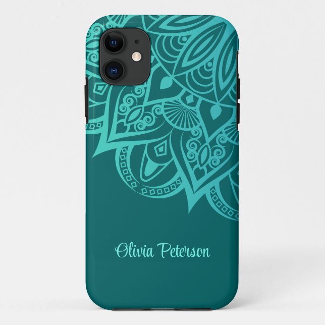 Capa Para iPhone 11 Boho Chic Teal e Turquoise Mandala (Verso)
