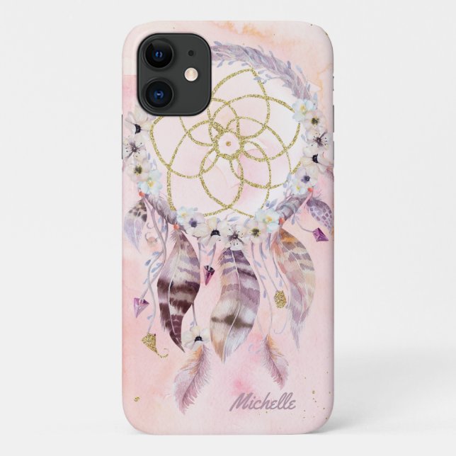 Capa Para iPhone 11 Boho Dreamcatcher com nome (Verso)