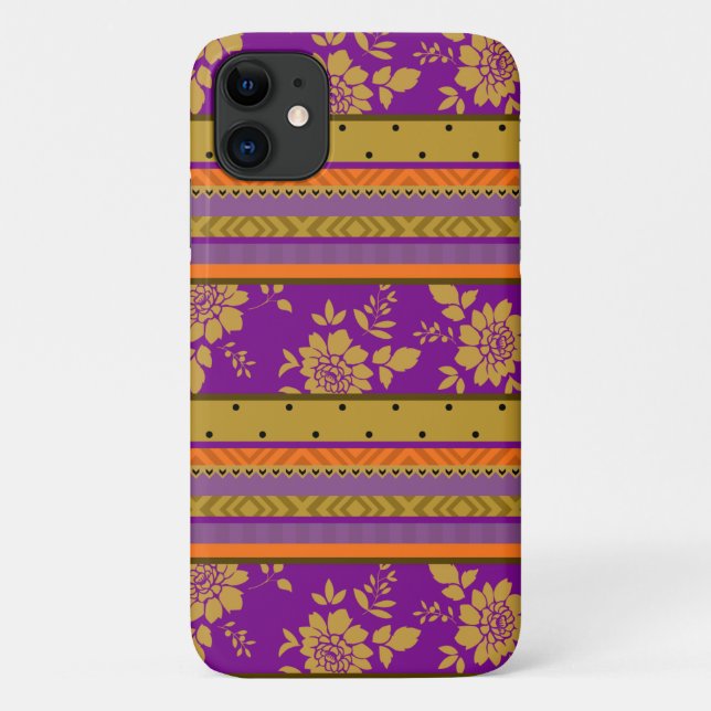 Capa Para iPhone 11 Boho Roxo Mostarda Amarelo Laranja Padrão (Verso)