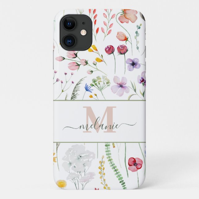 Capa Para iPhone 11 Boho Wildflower Custom Name Monograma (Verso)