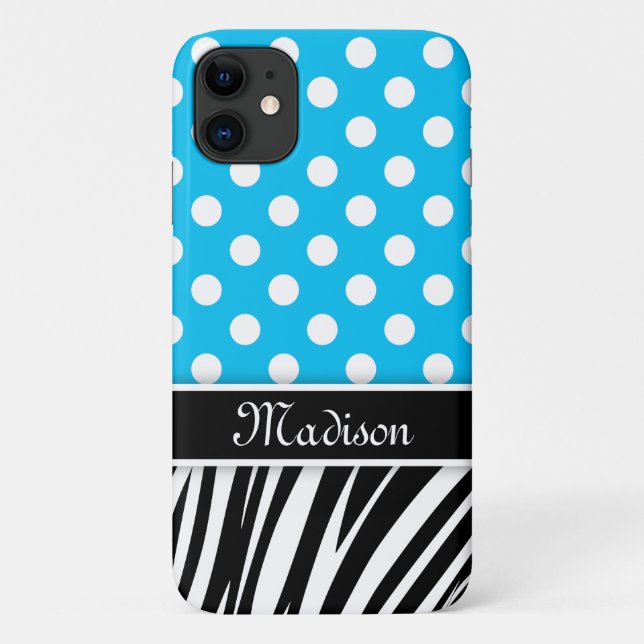 Capa Para iPhone 11 Bolinhas Azuis Zebra Stripe Black Name (Verso)