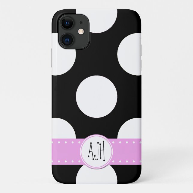 Capa Para iPhone 11 Bolinhas brancas e pretas, pontos, monograma (Verso)