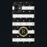 Capa Para iPhone 11 Bolinhas Douradas Chic com faixas pretas e brancas<br><div class="desc">O preto moderno chic elegante em um padrão de listras brancas com tons dourados em um padrão de bolinhas. Monograma personalizado,  círculo preto e dourado.</div>