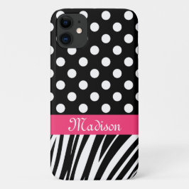 Capa Para iPhone 11 Bolinhas Negras Zebra Stripe Nome Rosa