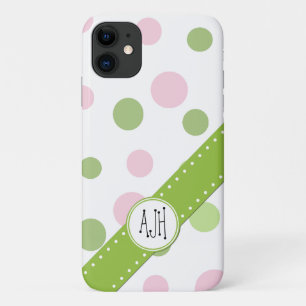 Capa Para iPhone 11 Bolinhas rosa, Bolinhas verdes, monograma