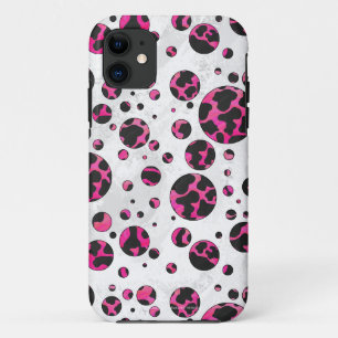 Capa Para iPhone 11 Bolinhas rosa-quente e Impressão preto