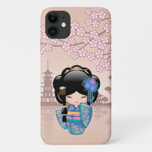 Capa Para iPhone 11 Boneca Keiko Kokeshi - Rapariga Kimono Geisha Azul