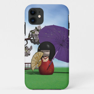 Capa Para iPhone 11 Boneca Kokeshi Japonesa Arte de Flor de Cerejeira