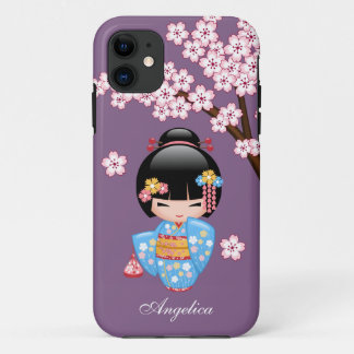 Capa Para iPhone 11 Boneca Maiko Kokeshi - Rapariga Kimono Geisha Azul