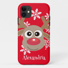 Capa Para iPhone 11 Bonita Reindeer Cartoon de Natal Vermelho Branco