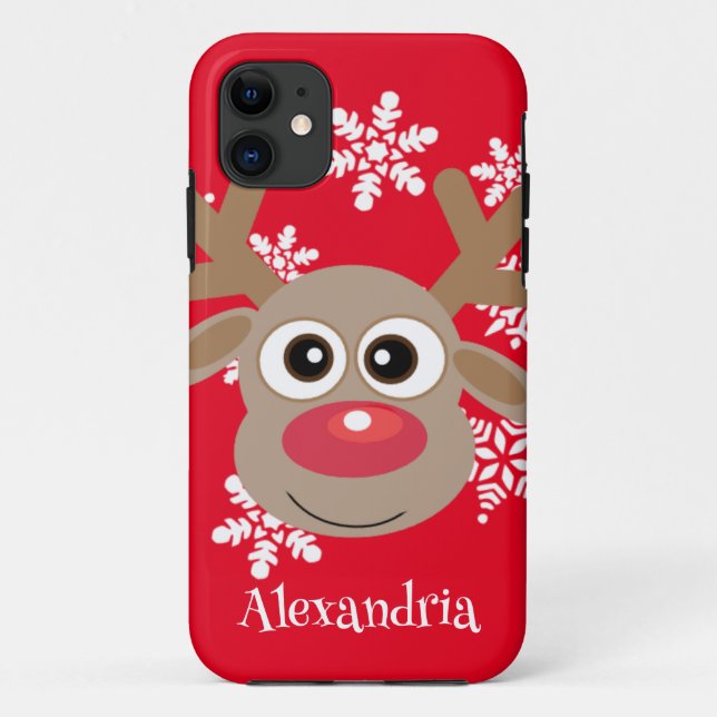 Capa Para iPhone 11 Bonita Reindeer Cartoon de Natal Vermelho Branco (Verso)