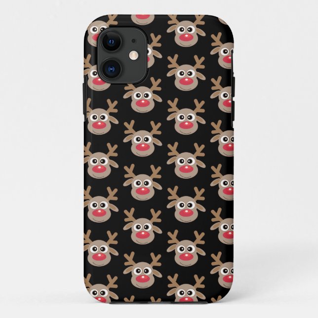 Capa Para iPhone 11 Bonita Reindeer Cartoon Padrão Natal Preto (Verso)