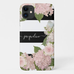 Capa Para iPhone 11 Bonito Hydrangeas Rosas Black White Strike Floral