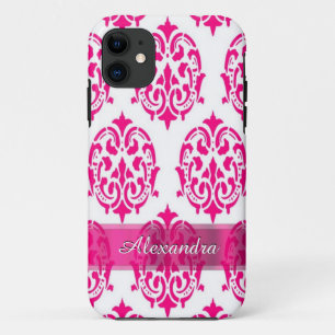 Capa Para iPhone 11 Bonito rosa quente e damasco branco personalizado