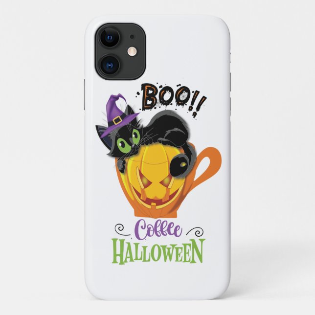 Capa Para iPhone 11 Boo Black Cat, Assustador Pumpkin Café Halloween (Verso)