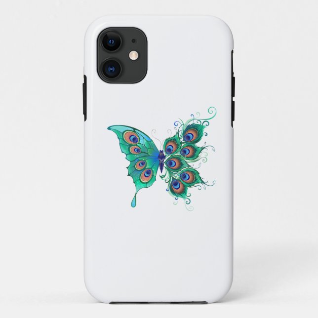 Capa Para iPhone 11 Borboleta com Penas de Pavão Verde (Verso)