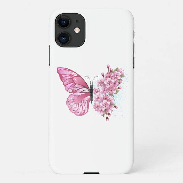 Capa Para iPhone 11 Borboleta Flor com Sakura Rosa (Verso)