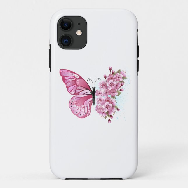 Capa Para iPhone 11 Borboleta Flor com Sakura Rosa (Verso)