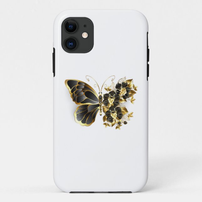 Capa Para iPhone 11 Borboleta Flor Dourada com Orquídea Preta (Verso)