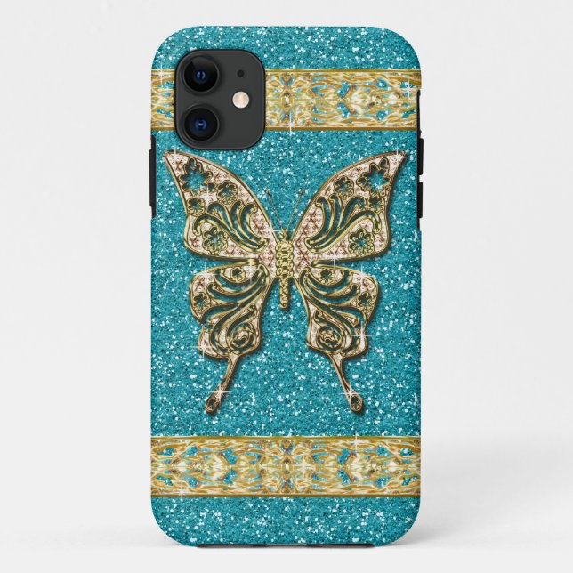 Capa Para iPhone 11 Borboleta Ouro Azul-Aqua (Verso)