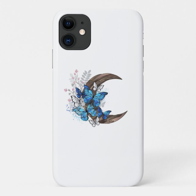 Capa Para iPhone 11 Borboletas azuis em crescente de madeira (Verso)