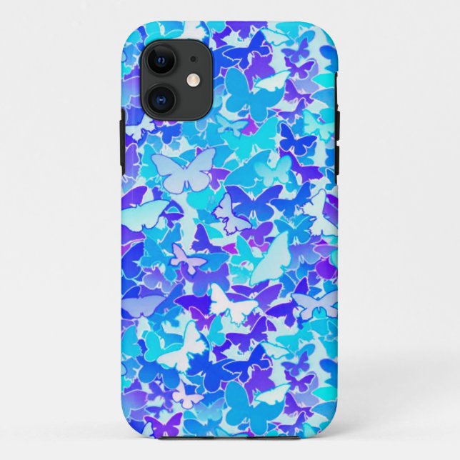 Capa Para iPhone 11 Borboletas, azuis, turquesa, lavanda (Verso)